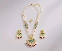 ZAVERI PEARLS Green Pink Meenakari Multistrand Beaded Bridal Kundan Long Necklace Earring & Ring Set For Women-ZPFK21763