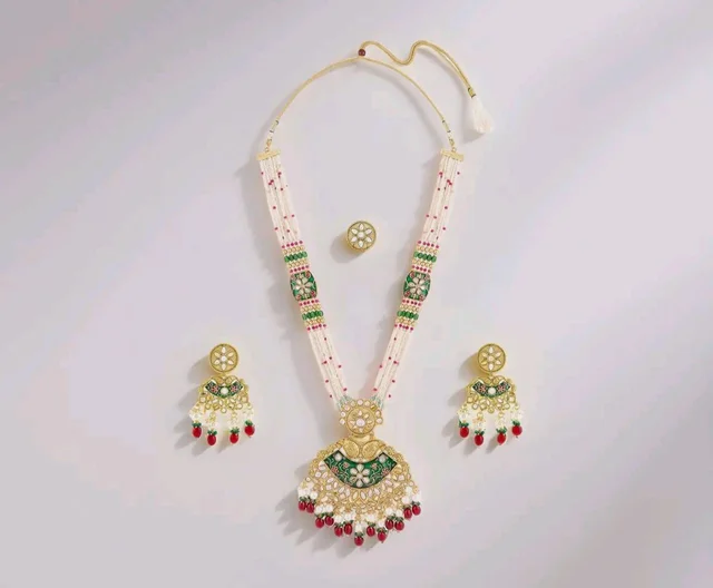 ZAVERI PEARLS Green Pink Meenakari Multistrand Beaded Bridal Kundan Long Necklace Earring & Ring Set For Women-ZPFK21763