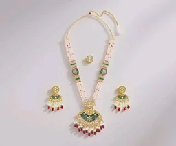 ZAVERI PEARLS Green Pink Meenakari Multistrand Beaded Bridal Kundan Long Necklace Earring & Ring Set For Women-ZPFK21763