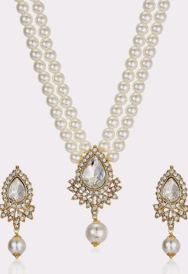 Estele Women's Dual Layered Pearl Necklace Set With Fancy Austrian Crystal