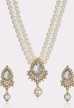 Estele Women's Dual Layered Pearl Necklace Set With Fancy Austrian Crystal