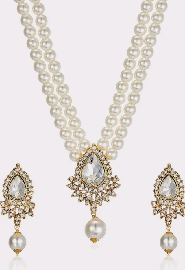 Estele Women's Dual Layered Pearl Necklace Set With Fancy Austrian Crystal