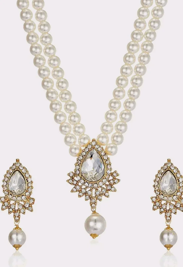 Estele Women's Dual Layered Pearl Necklace Set With Fancy Austrian Crystal