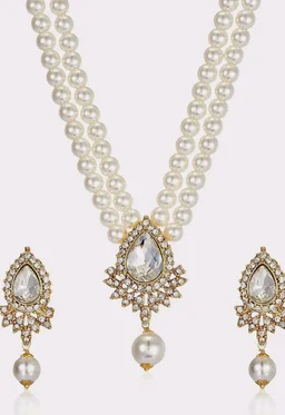 Estele Women's Dual Layered Pearl Necklace Set With Fancy Austrian Crystal