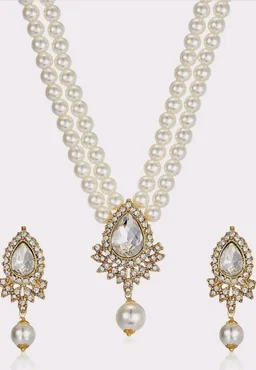 Estele Women's Dual Layered Pearl Necklace Set With Fancy Austrian Crystal