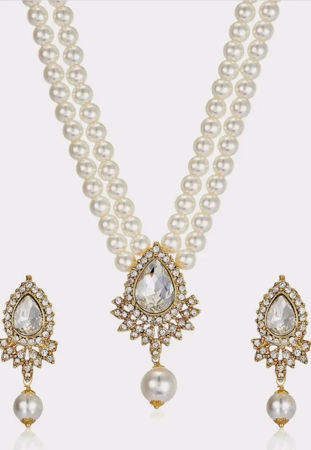Estele Women's Dual Layered Pearl Necklace Set With Fancy Austrian Crystal