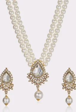 Estele Women's Dual Layered Pearl Necklace Set With Fancy Austrian Crystal
