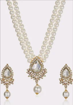 Estele Women's Dual Layered Pearl Necklace Set With Fancy Austrian Crystal