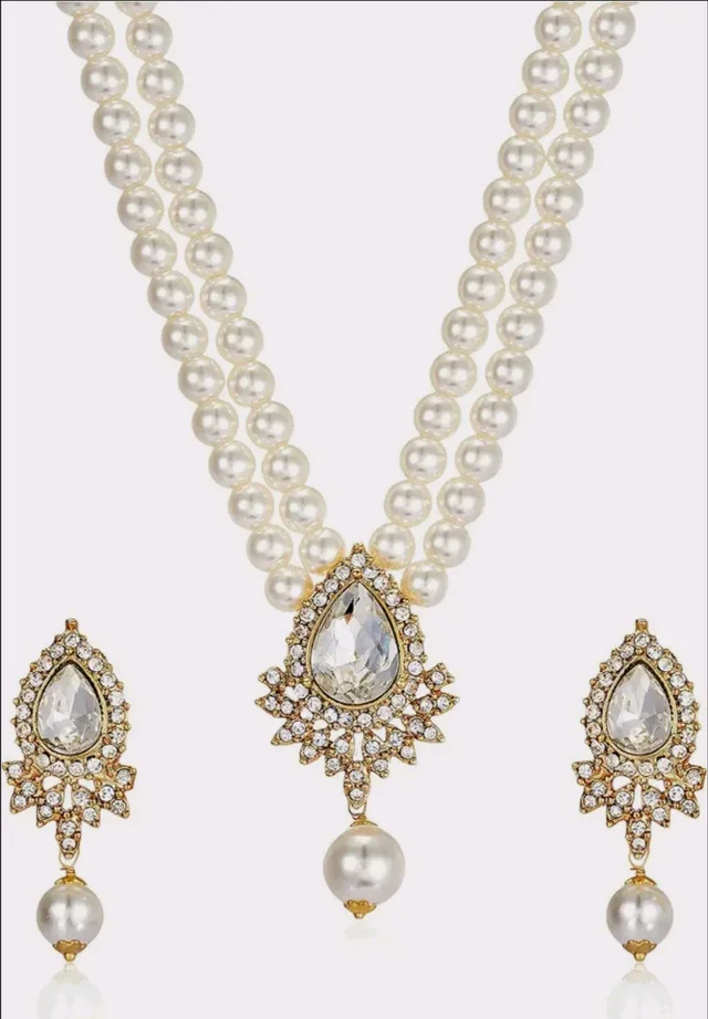 Estele Women's Dual Layered Pearl Necklace Set With Fancy Austrian Crystal