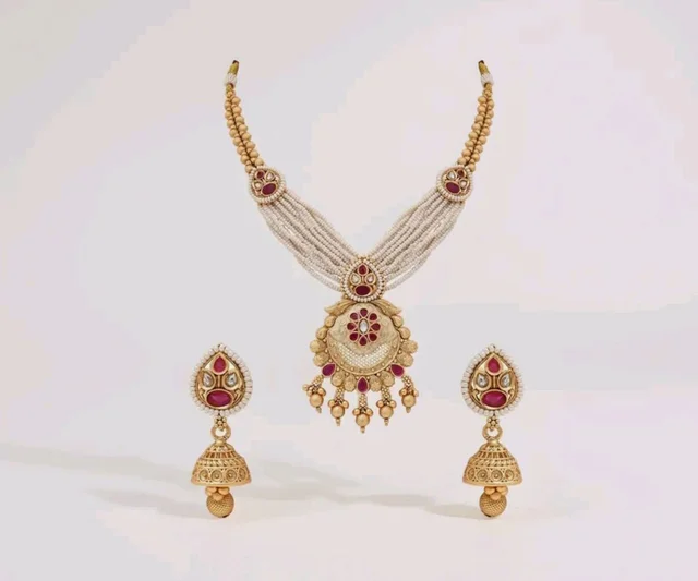 Jewels Gold Plated Traditional Antique Brass Floral design Pearl Necklace With Jhumki Earring Jewellery Set for Women
