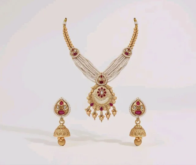 Jewels Gold Plated Traditional Antique Brass Floral design Pearl Necklace With Jhumki Earring Jewellery Set for Women
