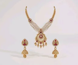 Jewels Gold Plated Traditional Antique Brass Floral design Pearl Necklace With Jhumki Earring Jewellery Set for Women