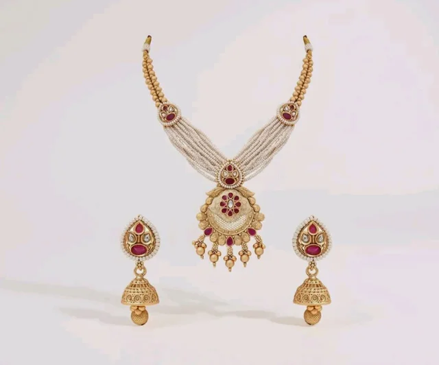 Jewels Gold Plated Traditional Antique Brass Floral design Pearl Necklace With Jhumki Earring Jewellery Set for Women