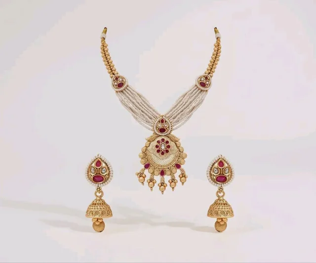 Jewels Gold Plated Traditional Antique Brass Floral design Pearl Necklace With Jhumki Earring Jewellery Set for Women