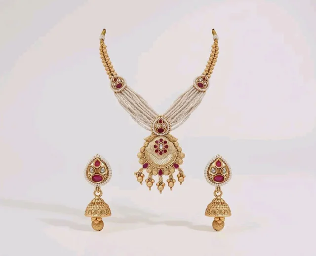 Jewels Gold Plated Traditional Antique Brass Floral design Pearl Necklace With Jhumki Earring Jewellery Set for Women