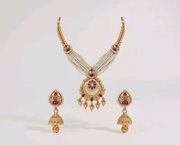 Jewels Gold Plated Traditional Antique Brass Floral design Pearl Necklace With Jhumki Earring Jewellery Set for Women