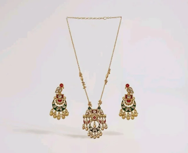 Jewels Gold Plated Traditional Antique Brass Temple Style Pendant Necklace Set with Red & Green Color Motif and Drop Earrings for Women