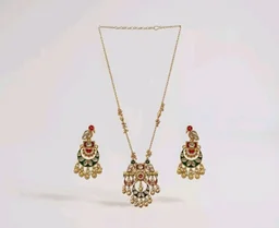 Jewels Gold Plated Traditional Antique Brass Temple Style Pendant Necklace Set with Red & Green Color Motif and Drop Earrings for Women