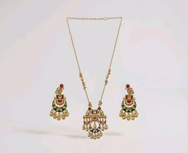 Jewels Gold Plated Traditional Antique Brass Temple Style Pendant Necklace Set with Red & Green Color Motif and Drop Earrings for Women