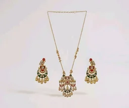Jewels Gold Plated Traditional Antique Brass Temple Style Pendant Necklace Set with Red & Green Color Motif and Drop Earrings for Women