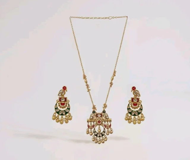 Jewels Gold Plated Traditional Antique Brass Temple Style Pendant Necklace Set with Red & Green Color Motif and Drop Earrings for Women