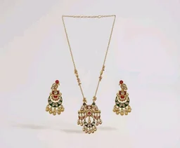 Jewels Gold Plated Traditional Antique Brass Temple Style Pendant Necklace Set with Red & Green Color Motif and Drop Earrings for Women