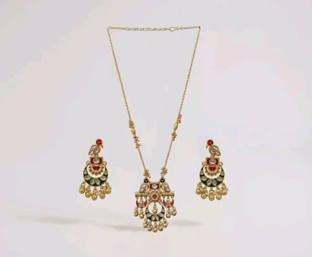 Jewels Gold Plated Traditional Antique Brass Temple Style Pendant Necklace Set with Red & Green Color Motif and Drop Earrings for Women