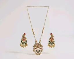 Jewels Gold Plated Traditional Antique Brass Temple Style Pendant Necklace Set with Red & Green Color Motif and Drop Earrings for Women