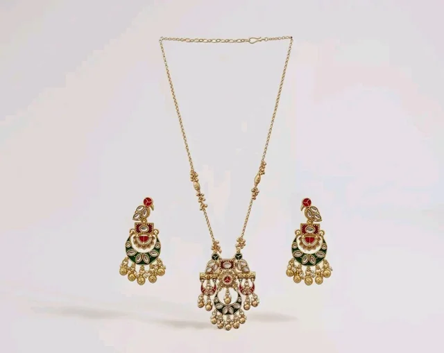 Jewels Gold Plated Traditional Antique Brass Temple Style Pendant Necklace Set with Red & Green Color Motif and Drop Earrings for Women