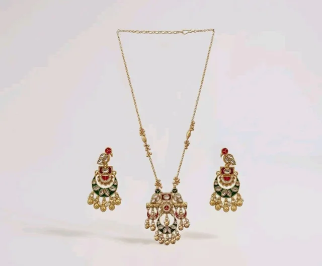 Jewels Gold Plated Traditional Antique Brass Temple Style Pendant Necklace Set with Red & Green Color Motif and Drop Earrings for Women