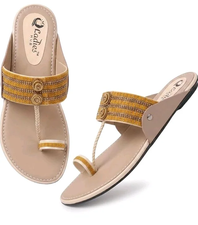 Ladies Hub Kolhapuri Chappal Women Mustard Yellow Embellished Toe Ring Slip On Ethnic Flat Sandals - 6