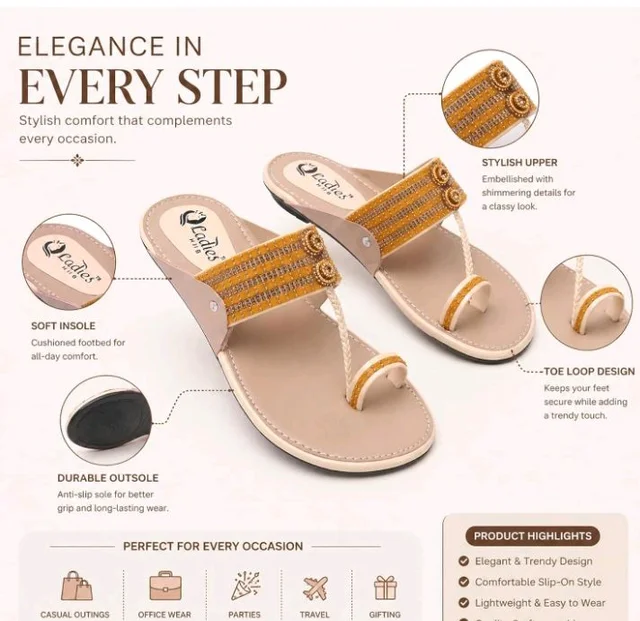 Ladies Hub Kolhapuri Chappal Women Mustard Yellow Embellished Toe Ring Slip On Ethnic Flat Sandals - 6