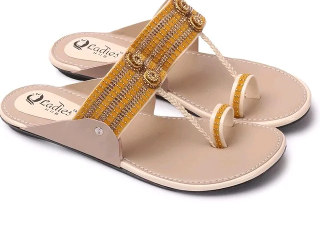 Ladies Hub Kolhapuri Chappal Women Mustard Yellow Embellished Toe Ring Slip On Ethnic Flat Sandals - 6
