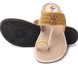 Ladies Hub Kolhapuri Chappal Women Mustard Yellow Embellished Toe Ring Slip On Ethnic Flat Sandals - 6