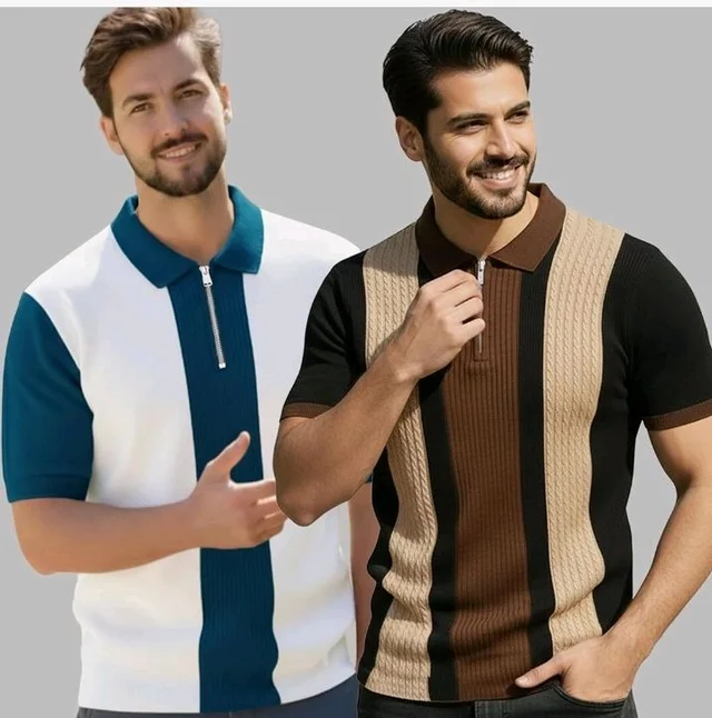 AUSK Men's Retro Cable-Knit Quarter-Zip Polo | Premium Textured Self-Design Half Sleeve T-Shirt for Men
- 2XL