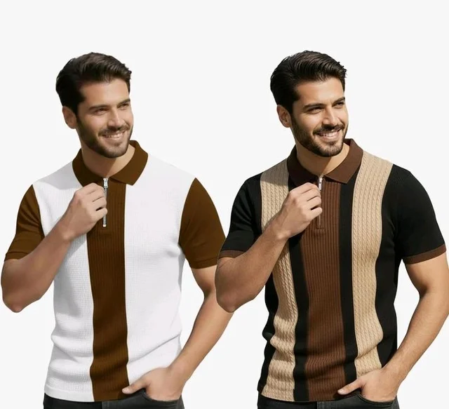 AUSK Men's Retro Cable-Knit Quarter-Zip Polo | Premium Textured Self-Design Half Sleeve T-Shirt for Men
- M