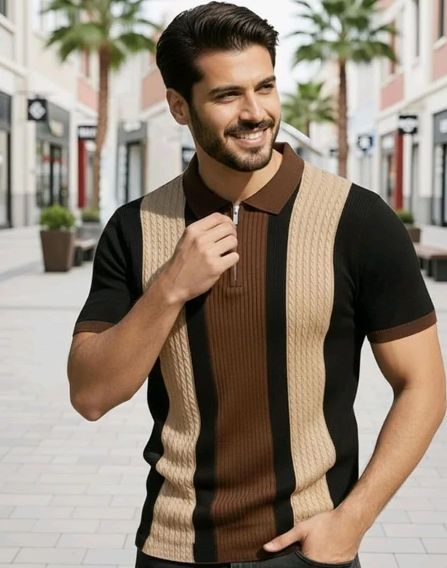 AUSK Men's Retro Cable-Knit Quarter-Zip Polo | Premium Textured Self-Design Half Sleeve T-Shirt for Men
- M