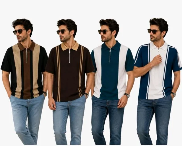AUSK Men's Retro Cable-Knit Quarter-Zip Polo | Premium Textured Self-Design Half Sleeve T-Shirt for Men
- L