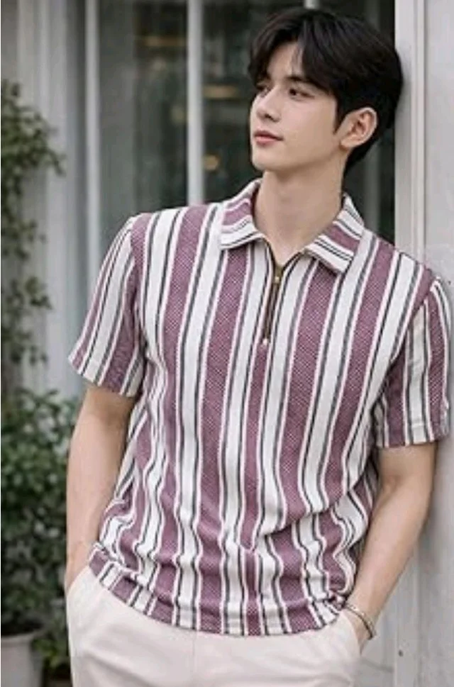London Hills Men’s Loose Fit Half Sleeve Vertical Striped Polo T-Shirt with Zip Collar | Premium Polyester Fabric | T Shirt for Man | Tshirt | Shirts Men | Tshirt for Man | Men T-Shirts - M