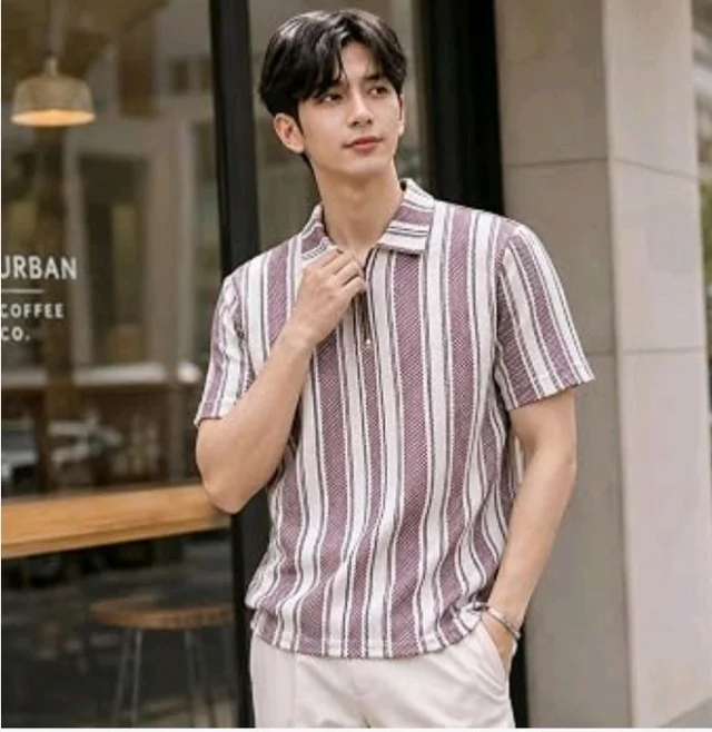 London Hills Men’s Loose Fit Half Sleeve Vertical Striped Polo T-Shirt with Zip Collar | Premium Polyester Fabric | T Shirt for Man | Tshirt | Shirts Men | Tshirt for Man | Men T-Shirts - M
