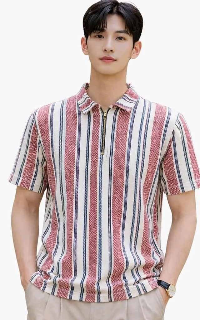 London Hills Men’s Loose Fit Half Sleeve Vertical Striped Polo T-Shirt with Zip Collar | Premium Polyester Fabric | T Shirt for Man | Tshirt | Shirts Men | Tshirt for Man | Men T-Shirts - 2XL