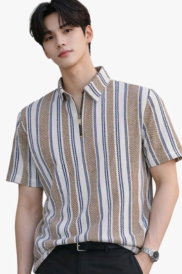 London Hills Men’s Loose Fit Half Sleeve Vertical Striped Polo T-Shirt with Zip Collar | Premium Polyester Fabric | T Shirt for Man | Tshirt | Shirts Men | Tshirt for Man | Men T-Shirts
- S