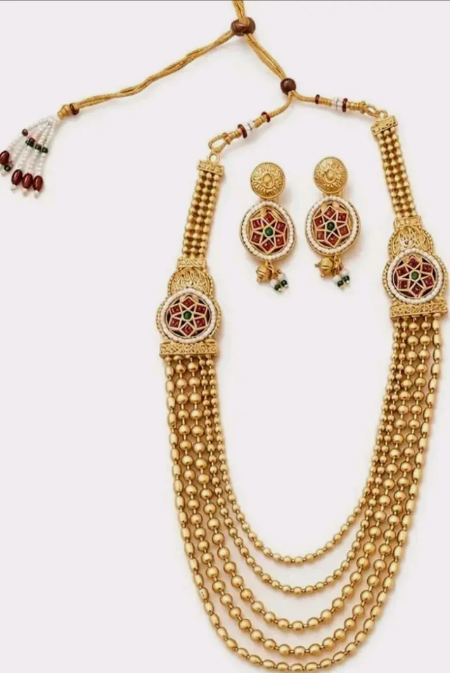 Kundan Meenakari Work, 5-Layer Bead Chain, Necklace Length 32 cm, Alloy Material, Includes Earrings