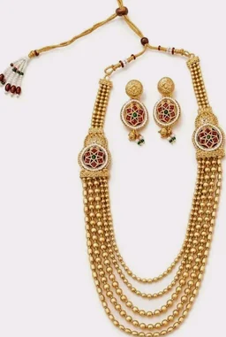 Kundan Meenakari Work, 5-Layer Bead Chain, Necklace Length 32 cm, Alloy Material, Includes Earrings