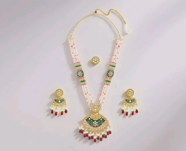 ZAVERI PEARLS Green Pink Meenakari Multistrand Beaded Bridal Kundan Long Necklace Earring & Ring Set For Women-ZPFK21763
