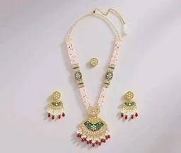 ZAVERI PEARLS Green Pink Meenakari Multistrand Beaded Bridal Kundan Long Necklace Earring & Ring Set For Women-ZPFK21763