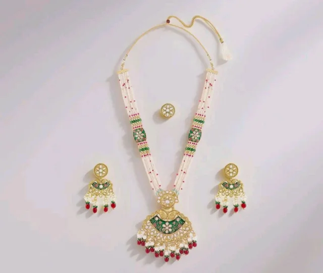 ZAVERI PEARLS Green Pink Meenakari Multistrand Beaded Bridal Kundan Long Necklace Earring & Ring Set For Women-ZPFK21763