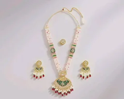 ZAVERI PEARLS Green Pink Meenakari Multistrand Beaded Bridal Kundan Long Necklace Earring & Ring Set For Women-ZPFK21763
