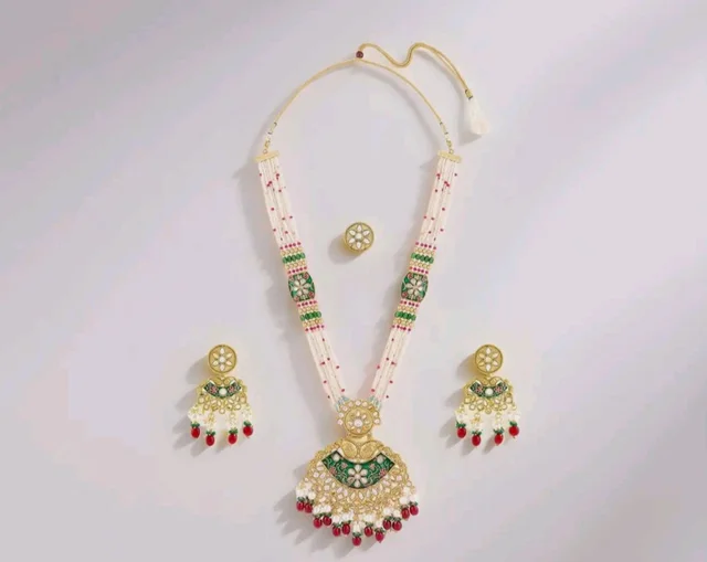 ZAVERI PEARLS Green Pink Meenakari Multistrand Beaded Bridal Kundan Long Necklace Earring & Ring Set For Women-ZPFK21763
