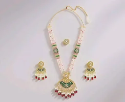 ZAVERI PEARLS Green Pink Meenakari Multistrand Beaded Bridal Kundan Long Necklace Earring & Ring Set For Women-ZPFK21763